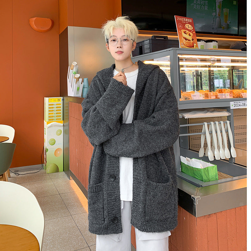 Unisex Oversized Mohair-Optik Strickcardigan mit Kapuze und großen Knöpfen Shop Nory