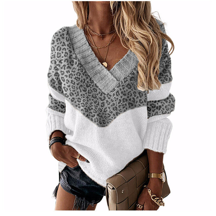 Damen V‑Ausschnitt Strickpullover mit Leo‑Print und Colorblock‑Design Shop Nory