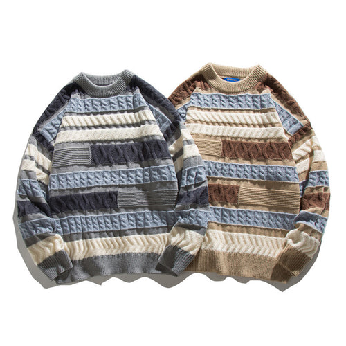 Unisex Oversize Strickpullover mit Patchwork‑Zopfmuster und Rundhalsausschnitt Shop Nory