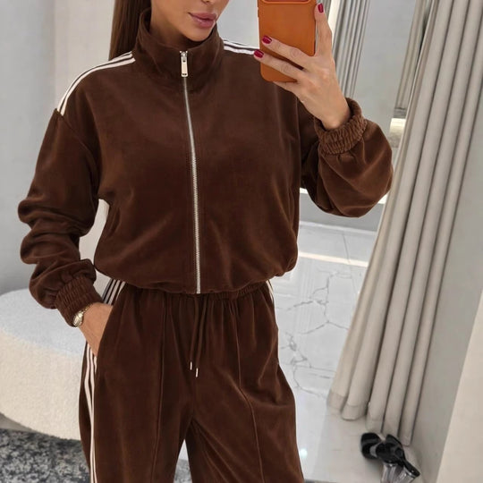 Damen luxuriöses Velours-Trainingsanzug-Set mit Stehkragen und Kordelzug Shop Nory