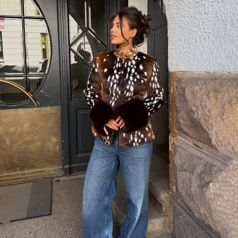 Damen Taillierte Kurzjacke mit Leopardenmuster und Kunstpelzmanschetten Shop Nory