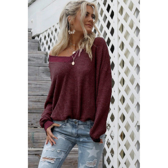 Damen Off‑Shoulder Waffelstrickpullover mit weitem Arm und elastischen Bündchen Shop Nory