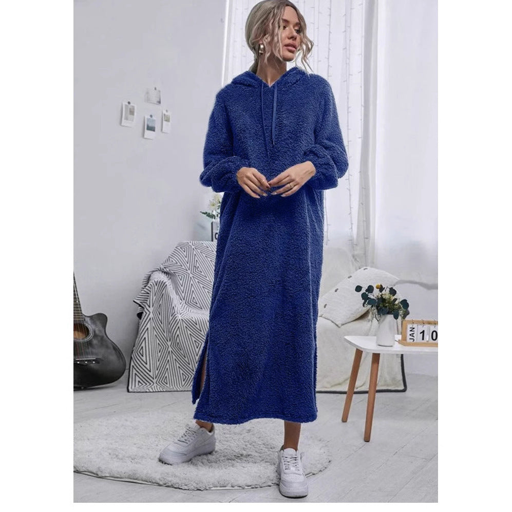 Damen Flauschiger Fleece-Hoodie-Kleid mit Ohren und seitlichen Schlitzen Shopnory