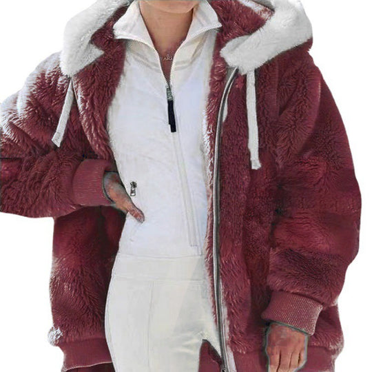 Damen Oversized Sherpa-Zipjacke mit Kontrastkragen, Rippbündchen und Kordelzug Shop Nory