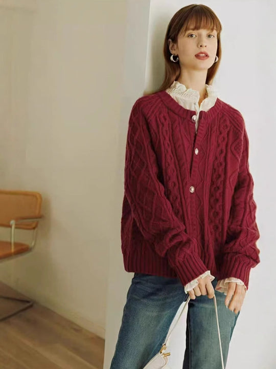 Damen Kuscheliger Zopf- und Rautenstrick-Cardigan mit Perlmuttknopfblende Shop Nory