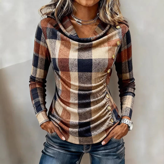 Damen Kariertes Langarm-Feinstrickshirt mit Wasserfallkragen und Zierknopfleiste Shop Nory