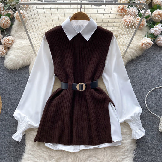 Damen Lagenlook-Bluse mit Rippstrick-Überwurf und Taillengürtel Shop Nory