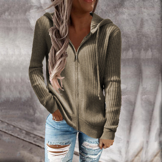 Damen Gerippter Kapuzenpullover mit Reißverschluss und Eingrifftaschen Shop Nory