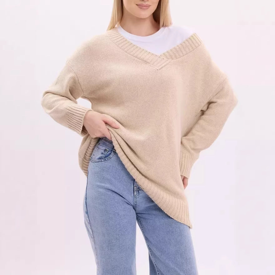 Damen Lässiger V-Ausschnitt Strickpullover