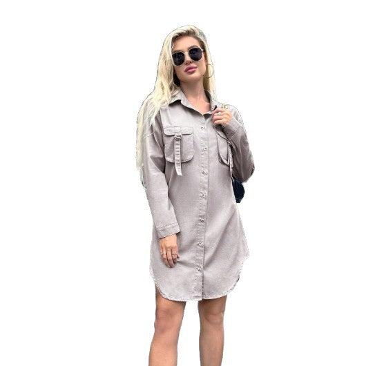 Damen Oversized-Hemdblusenkleid mit aufgesetzten Pattentaschen und geschwungenem Saum Shop Nory