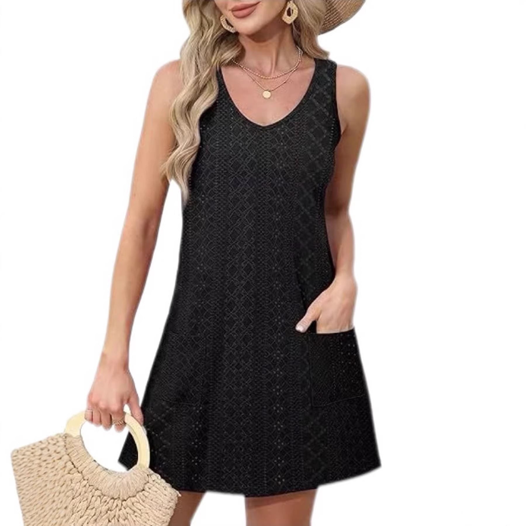 Damen Freizeitkleid mit Taschen und V-Ausschnitt Shopnory