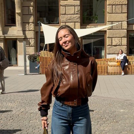 Damen Kurz geschnittener Lederblouson mit hohem Stehkragen und Ballonärmeln Shop Nory