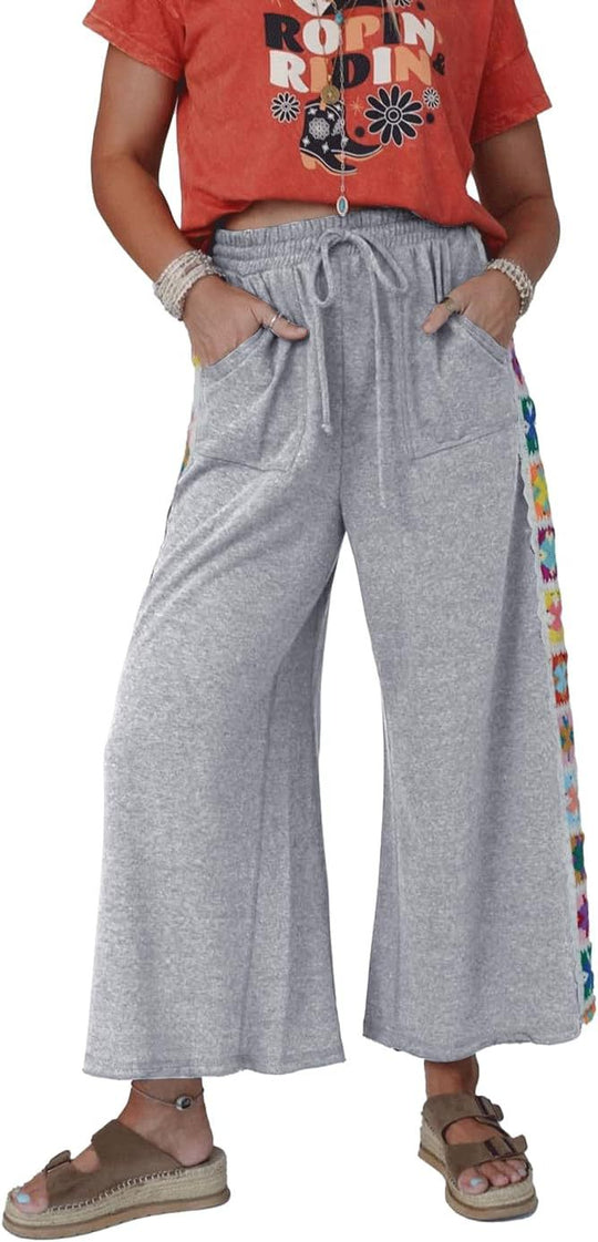 Damen weite Jersey-Hose mit hohem Gummibund, Kordelzug und gehäkeltem Seitenstreifen Shop Nory