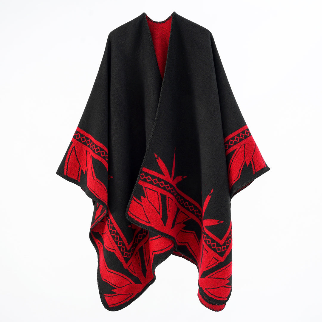 Damen Grobgewebter Umhangponcho aus Wollmix mit V-Ausschnitt und Ornamentjacquard Shop Nory