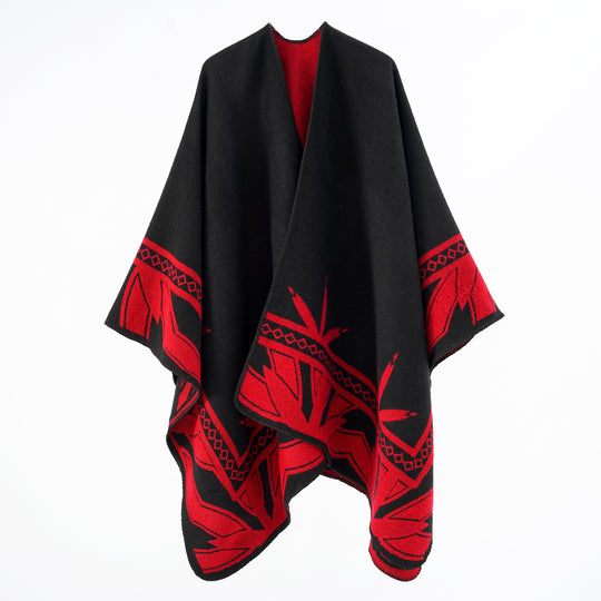 Damen Grobgewebter Umhangponcho aus Wollmix mit V-Ausschnitt und Ornamentjacquard Shop Nory