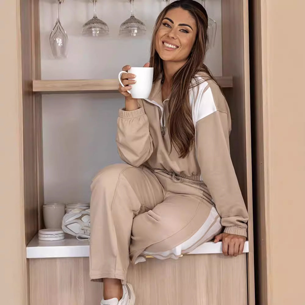 Damen legeres Sweat-Lounge-Set mit halbem Reißverschluss, Kordelzugbund und Kontraststreifen Shop Nory