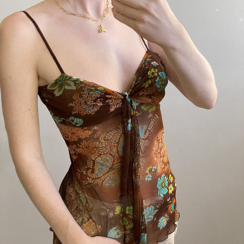Damen Blumenmuster Spaghetti-Trägertop mit fließendem Design