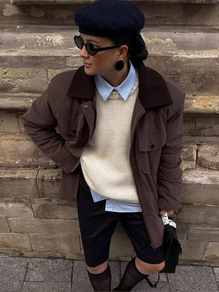 Damen Boxy-Utility-Kurzmantel mit kontrastkragen und aufgesetzten Pattentaschen Shop Nory