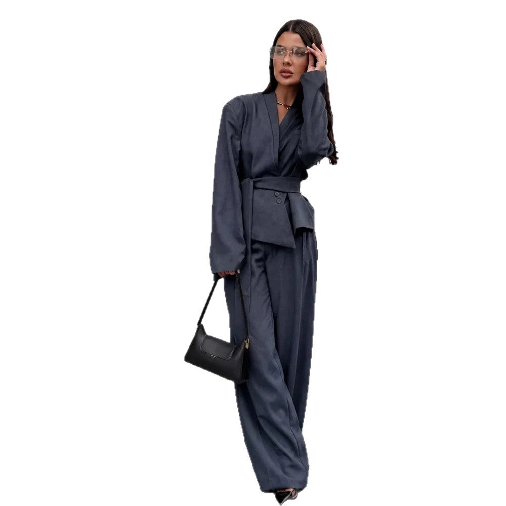 Damen Elegantes Wickelblazer-Set mit Taillengürtel und weiter Bundfaltenhose Shop Nory