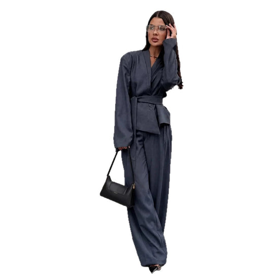 Damen Elegantes Wickelblazer-Set mit Taillengürtel und weiter Bundfaltenhose Shop Nory
