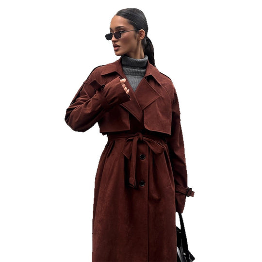 Damen langer Trenchcoat aus Veloursimitat mit doppelter Knopfleiste Shop Nory