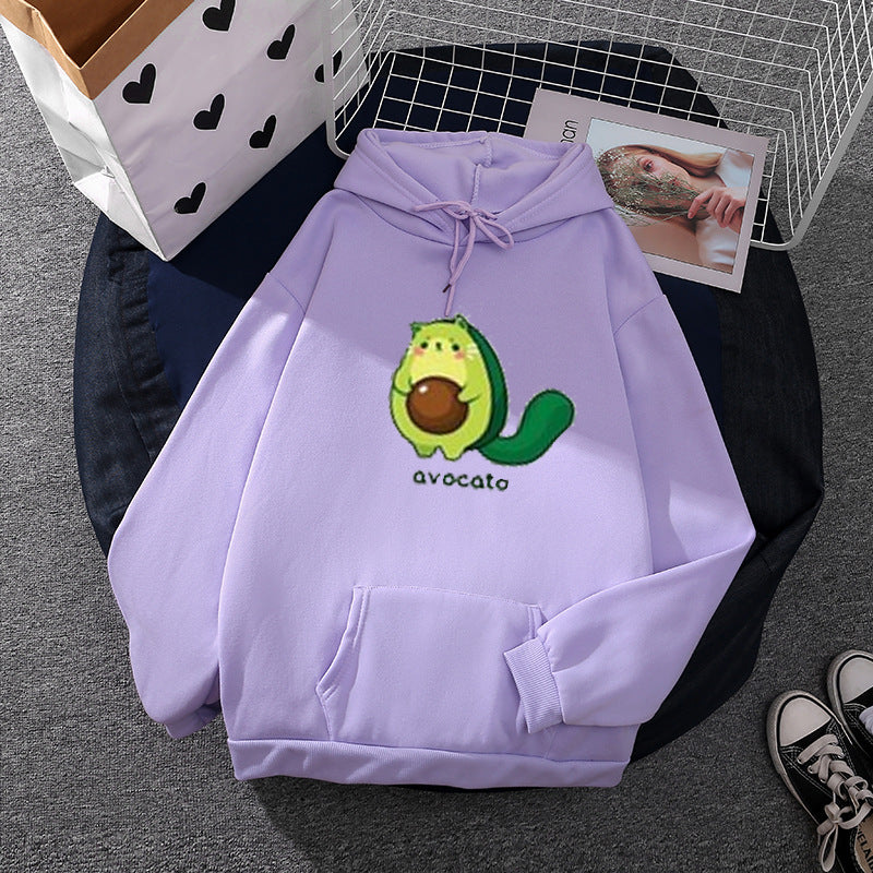 Damen nan Oversize-Fleecehoodie mit weichem Innenfutter, Kängurutasche und Avocato-Cartoonmotiv Shop Nory