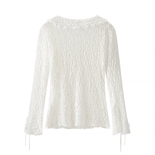 Damen Figurbetonte Spitzenbluse mit Rüschen‑V‑Ausschnitt und Bindebanddetail Shop Nory