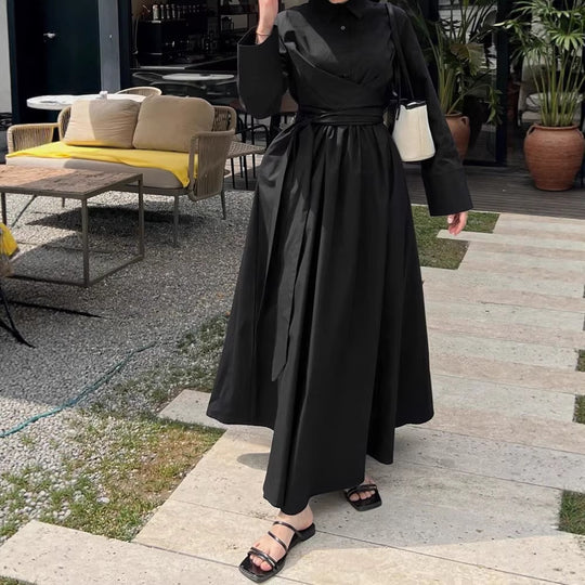 Damen Maxikleid im Hemdblusenstil mit Taillenwickel, weitem Tellerrock und breiten Manschetten Shop Nory