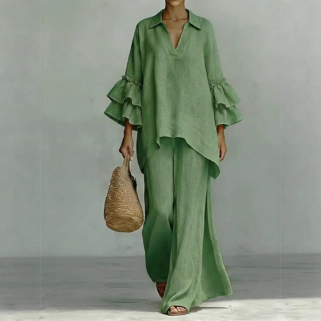 Damen Leinen-Loungewear-Set mit Volantärmeln und weitem Palazzo-Hose Shop Nory