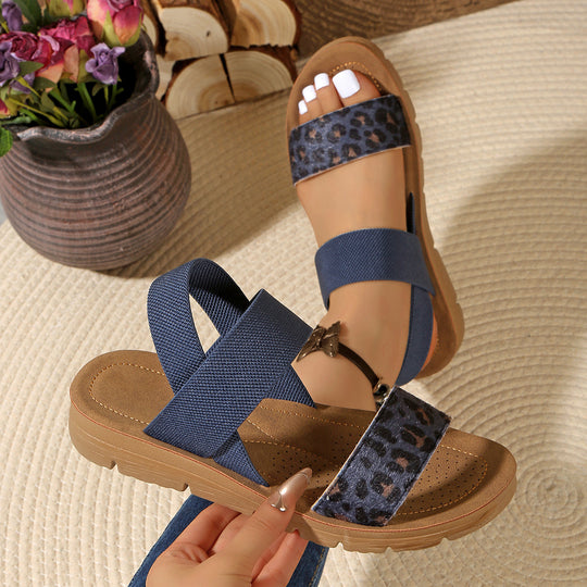 Damen Sandalen mit elastischen Kreuzriemen und Leoprint-Zehenriemen Shop Nory