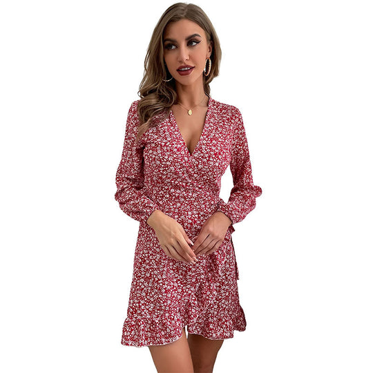 Damen Tailliertes Wickel-Minikleid mit V-Ausschnitt, langen Ärmeln und Rüschensaum Shop Nory