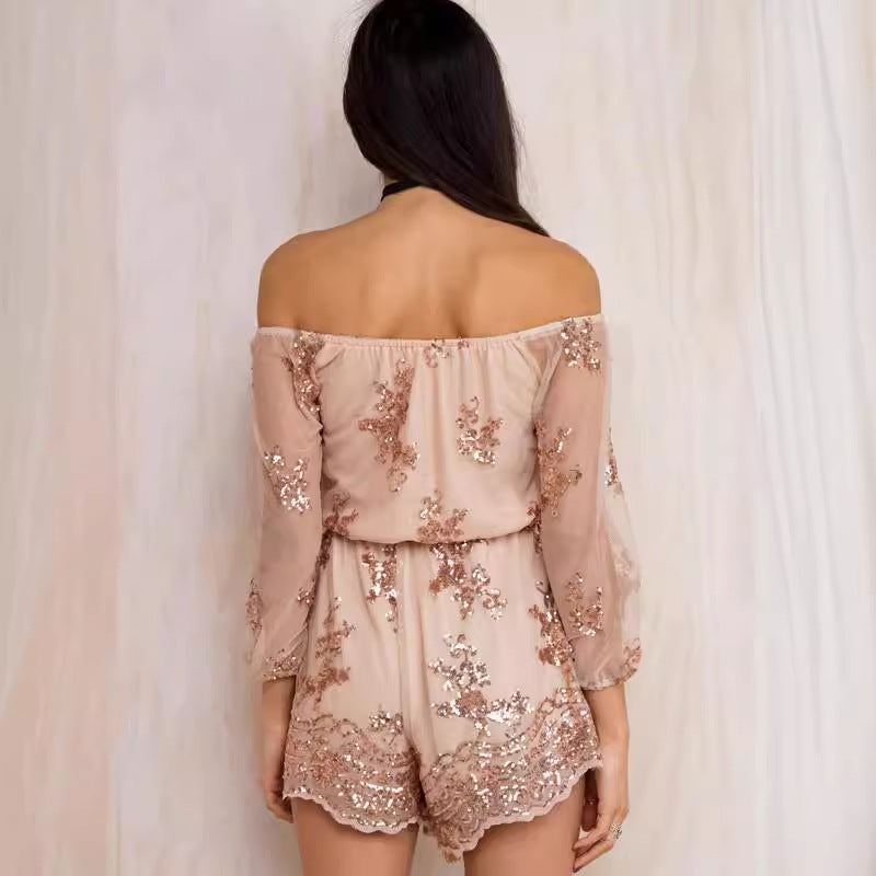 Damen Elegantes Playsuit mit floralen Paillettenverzierungen und off-shoulder Design