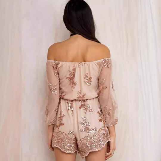 Damen Elegantes Playsuit mit floralen Paillettenverzierungen und off-shoulder Design