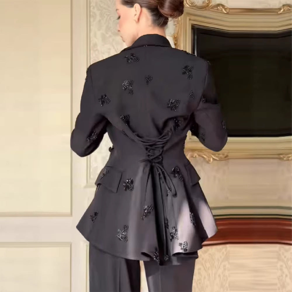 Damen Tailliertes Blazer-Set mit Schößchen und weitem Marlene-Hosenanzug Shop Nory