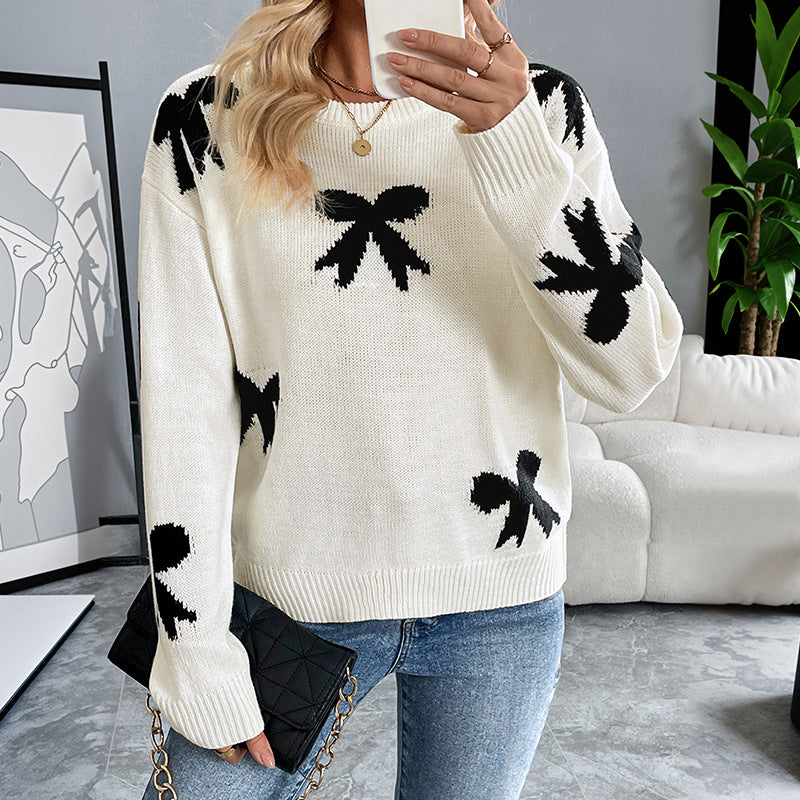 Damen Feinstrick-Pullover mit Schleifen-Jacquard, Rundhalsausschnitt und gerippten Bündchen Shop Nory