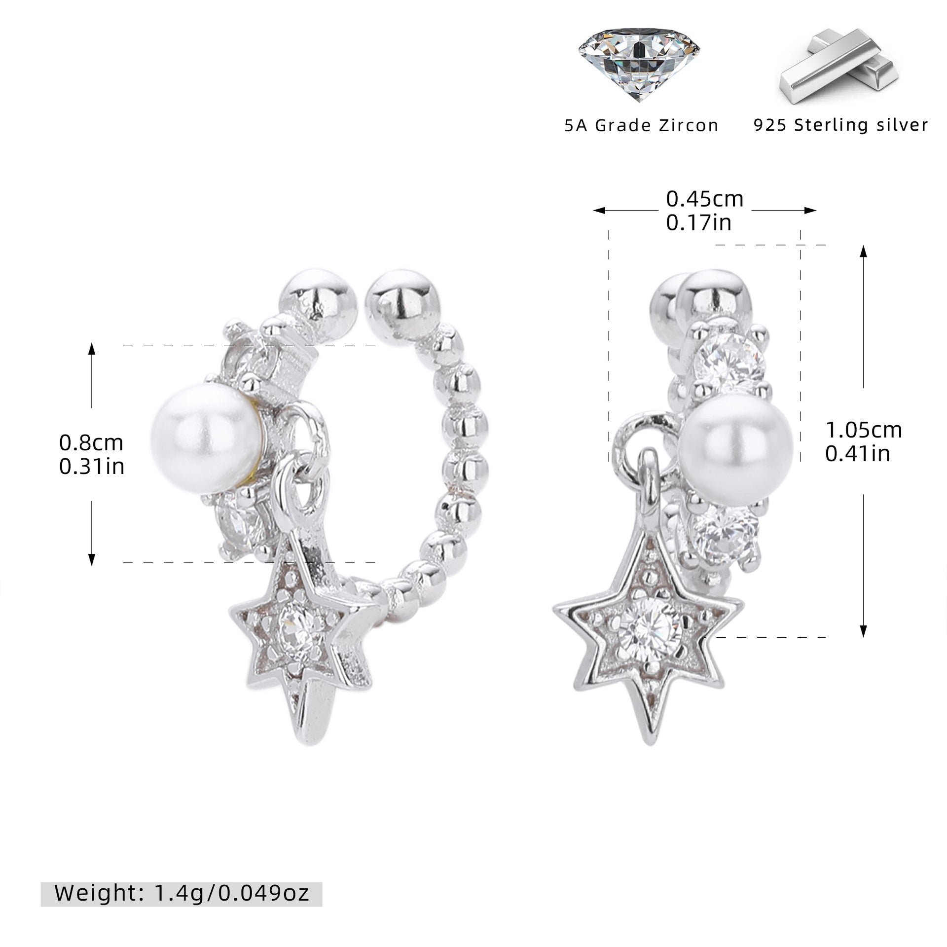 Damen Ohrringe aus 925er Sterlingsilber mit Zirkon-Sternen und Perlen Shop Nory