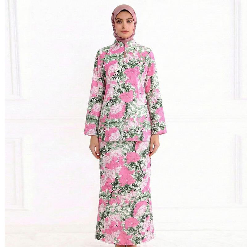 Damen Zweiteiliges Modest-Set aus Tunika mit Stehkragen und geradem Maxirock mit Blumenprint Shop Nory