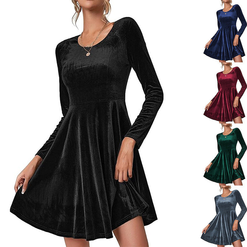 Damen Elegantes Samtkleid mit geschwungenem Saum und langen Ärmeln