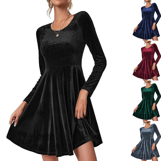 Damen Elegantes Samtkleid mit geschwungenem Saum und langen Ärmeln