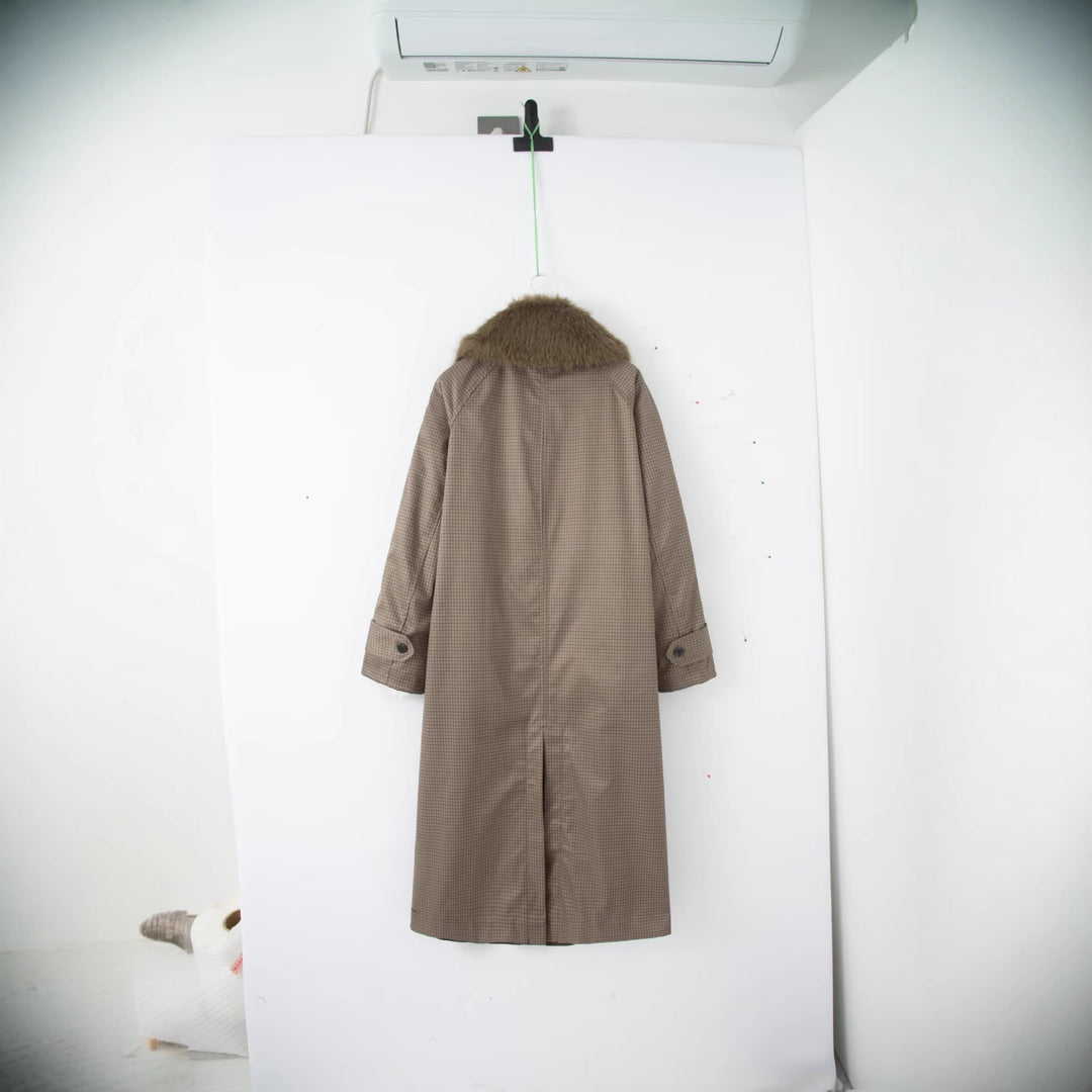 Damen Langer Glencheck-Mantel mit voluminösem Faux-Fur-Kragen und geradem Schnitt Shop Nory