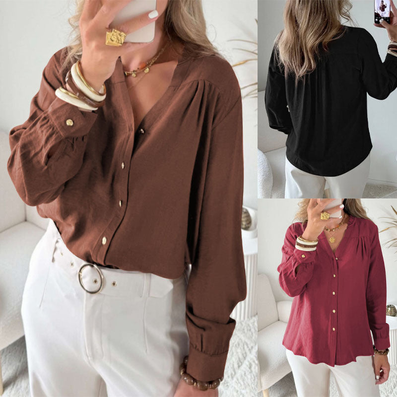 Damen Lockeres Blusenshirt mit V-Ausschnitt, Rüschensaum und goldenen Zierknöpfen Shop Nory