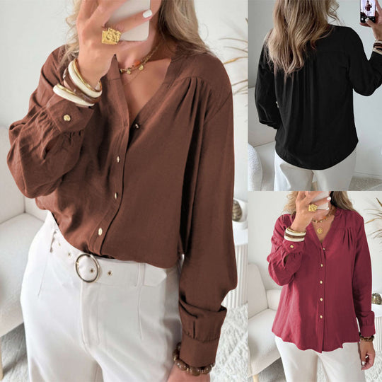 Damen Lockeres Blusenshirt mit V-Ausschnitt, Rüschensaum und goldenen Zierknöpfen Shop Nory