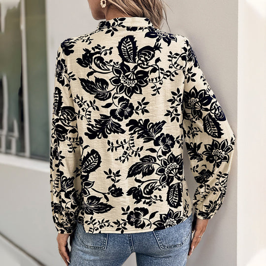 Damen Locker geschnittene Bluse mit Stehkragen, Kellerfalten und floralem Print Shop Nory