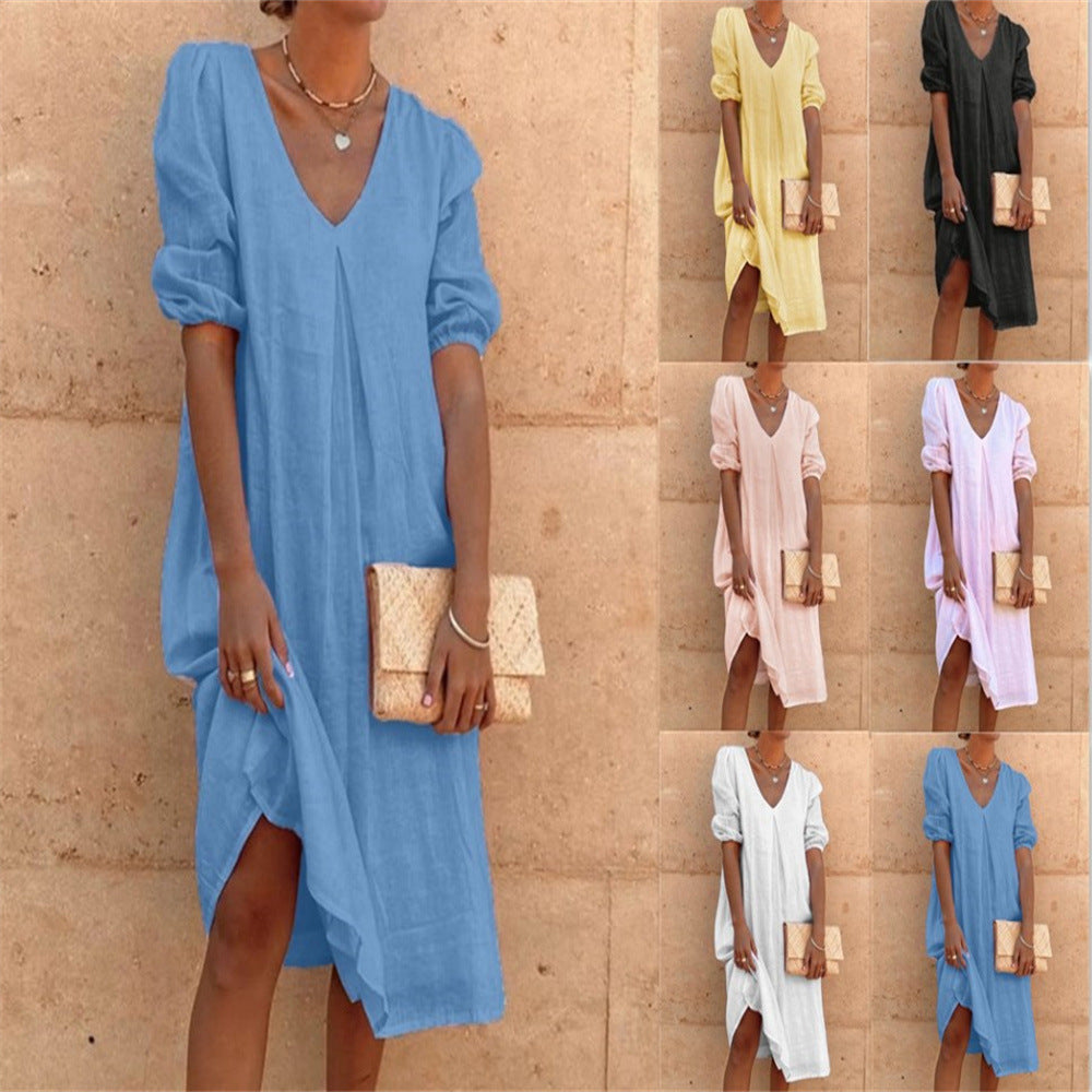 Damen lässiges Leinenkleid mit V-Ausschnitt und Puffärmeln