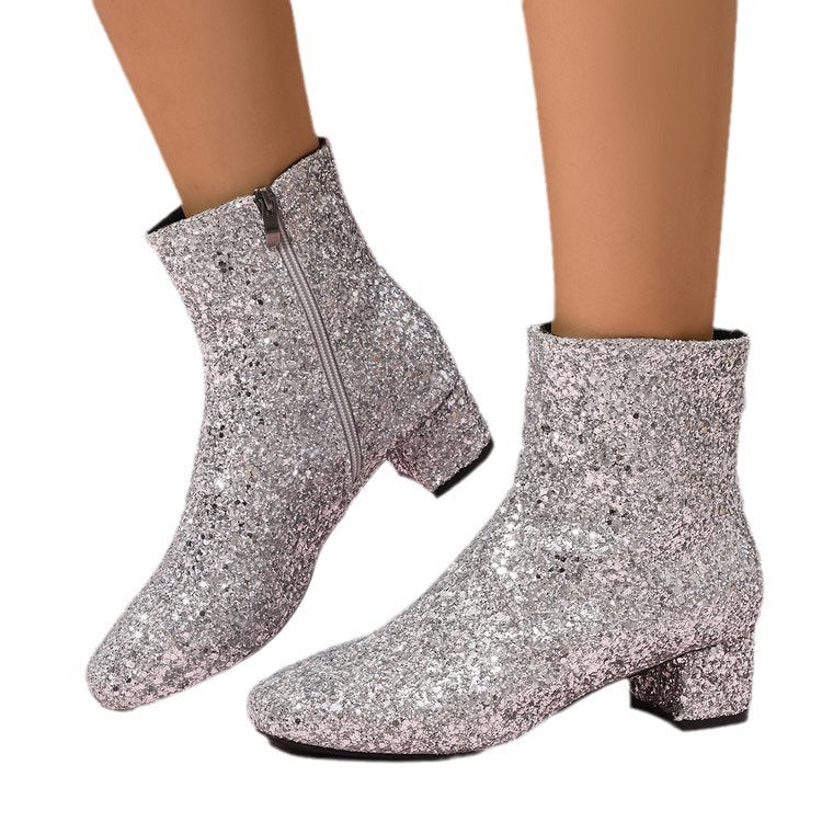 Damen glitzernde Stiefeletten mit kurzem Blockabsatz und seitlichem Reißverschluss Shop Nory
