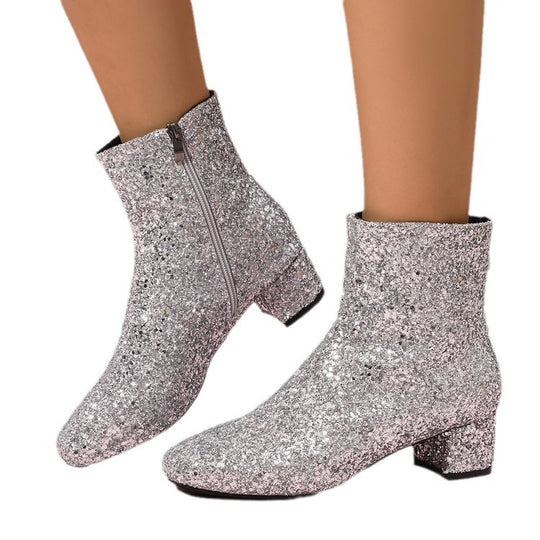 Damen glitzernde Stiefeletten mit kurzem Blockabsatz und seitlichem Reißverschluss Shop Nory