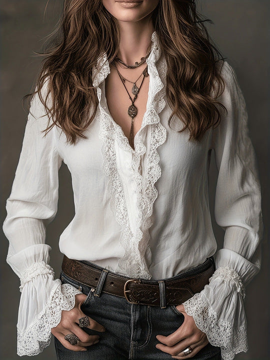 Damen elegante Bluse mit Rüschendetails und Spitzenbesatz