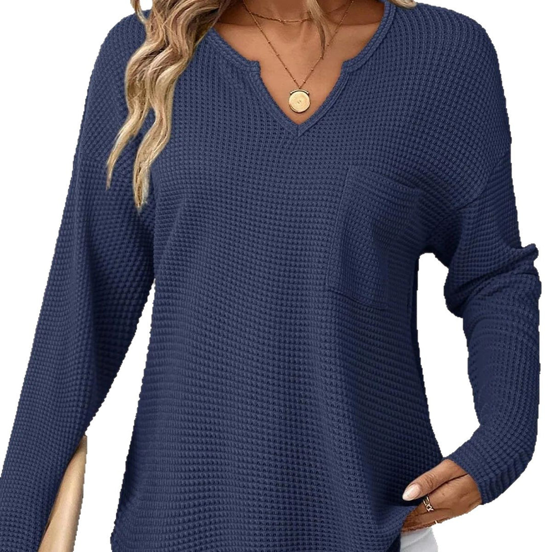 Damen Waffelstrick-Longsleeve mit V-Notch, Brusttasche und legerer Oversize-Passform Shop Nory