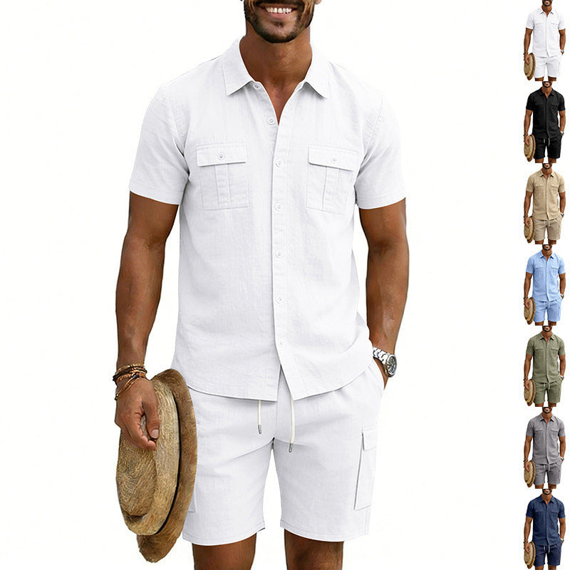 Herren nan sommerliches Freizeitset aus Baumwoll-Leinenmix mit Kurzarm-Hemd und Cargo-Shorts