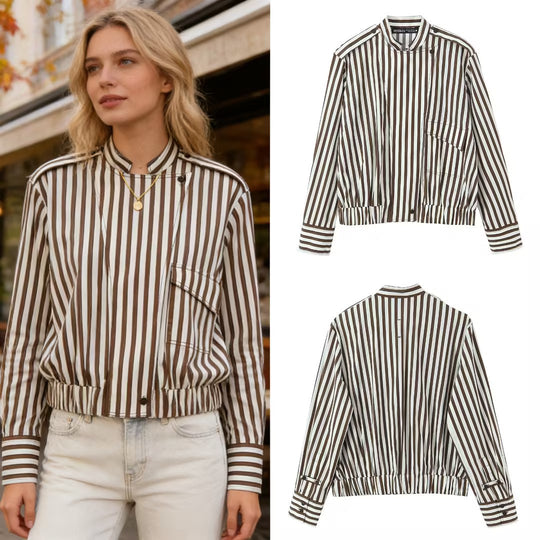 Damen Gestreifte Blouson-Hemdbluse mit Stehkragen, Schulterklappen und elastischem Saum Shop Nory